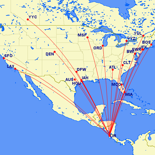 Destinos de Estados Unidos y Canadá en Liberia - vía gcmap