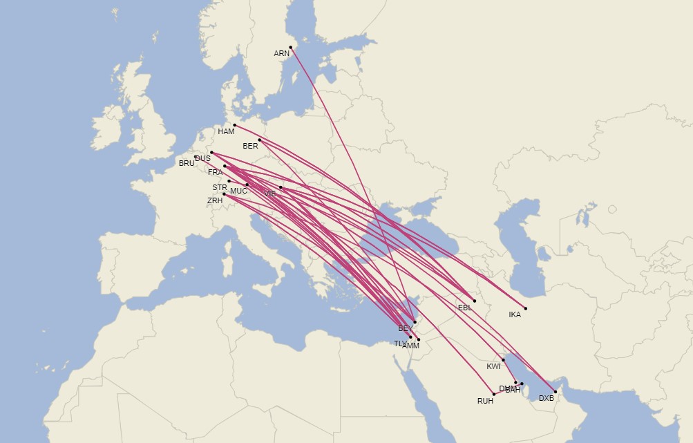 Rutas de aerolíneas de Lufthansa Group en Medio Oriente - Agosto 2024