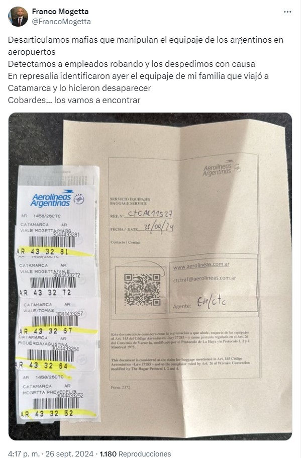 El tuit de Franco Mogetta denunciando el robo de equipaje de sus familiares
