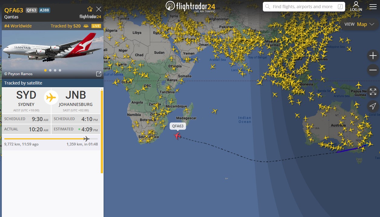 La solitaria ruta del vuelo QFA63 entre Sydney y Johannesburgo