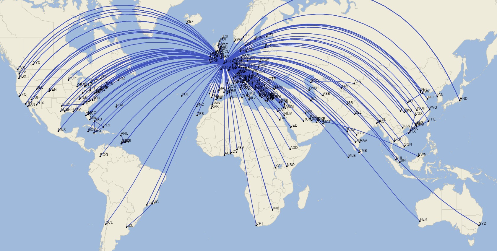 The impressive network of destinations from London Heathrow Airport (September 2024 - Cirium Schedule Mapper)