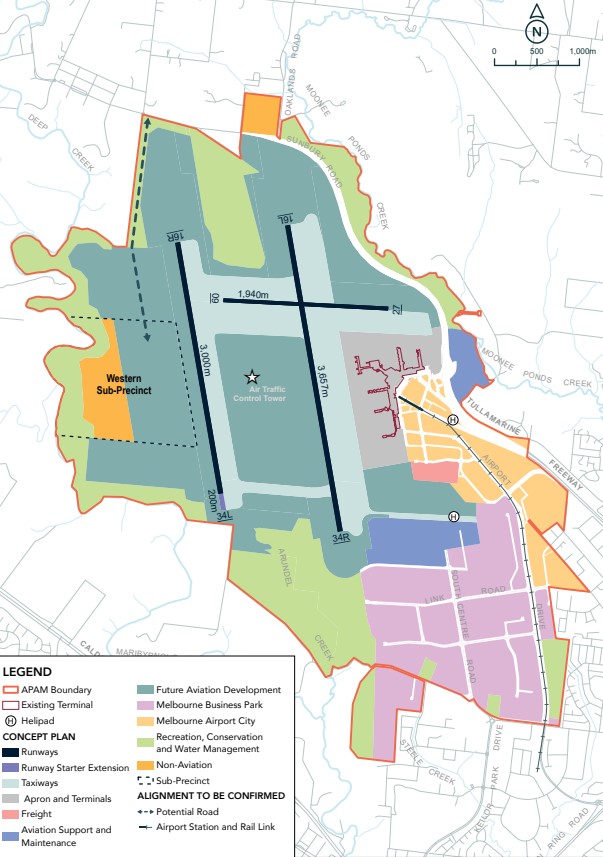Master Plan del aeropuerto de Melbourne, incluyendo la nueva pista 16R/34L