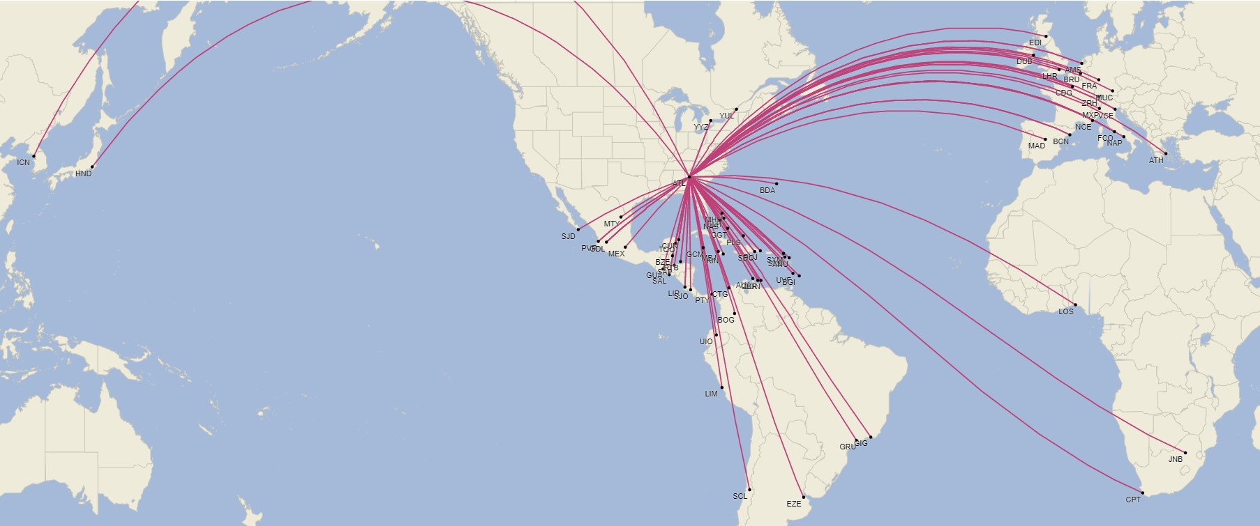 Red internacional de Delta Air Lines desde Atlanta - Julio 2025 (Cirium Schedule Mapper)