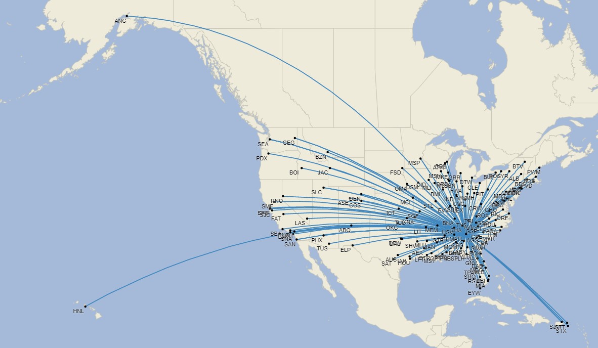 Red nacional de Delta Air Lines desde Atlanta - Julio 2025 (Cirium Schedule Mapper)