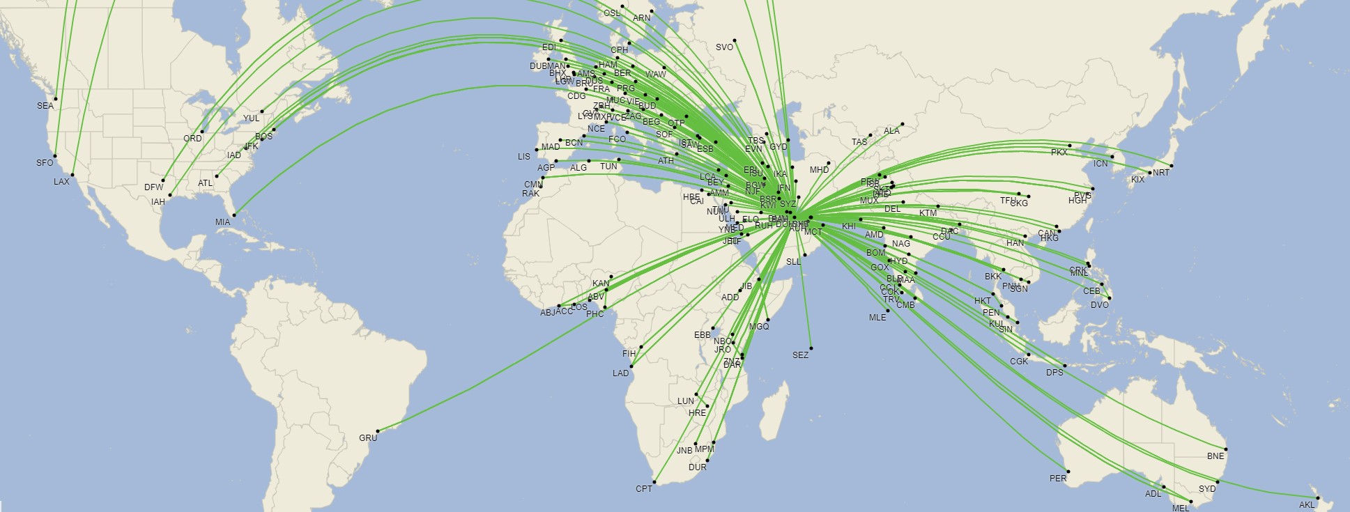 La red global de Qatar Airways - Octubre 2024 (Cirium Schedule Mapper)