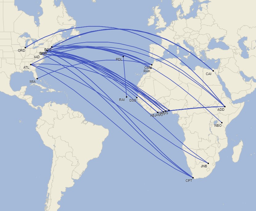 Red de vuelos entre Estados Unidos y África - Octubre 2024 (Cirium Schedule Mapper)