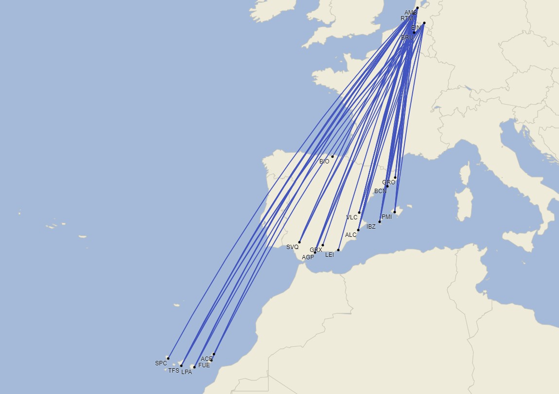 Red de Transavia en España - Octubre 2024 (Cirium Schedule Mapper)