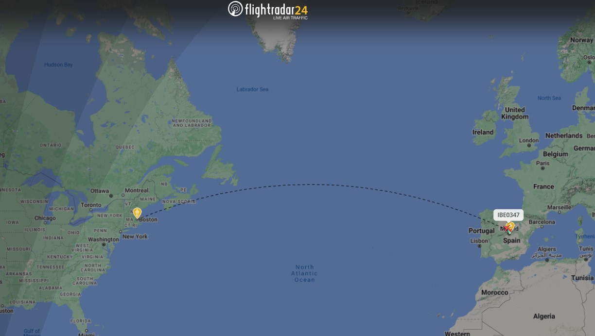 La ruta que hará el A321XLR de Iberia (via FlightRadar24.com)