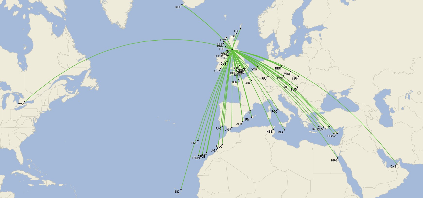 Red del aeropuerto de Glasgow - Noviembre 2024 (Cirium Schedule Mapper)
