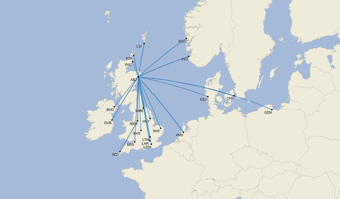 Red del aeropuerto de Aberdeen - Noviembre 2024 (Cirium Schedule Mapper)
