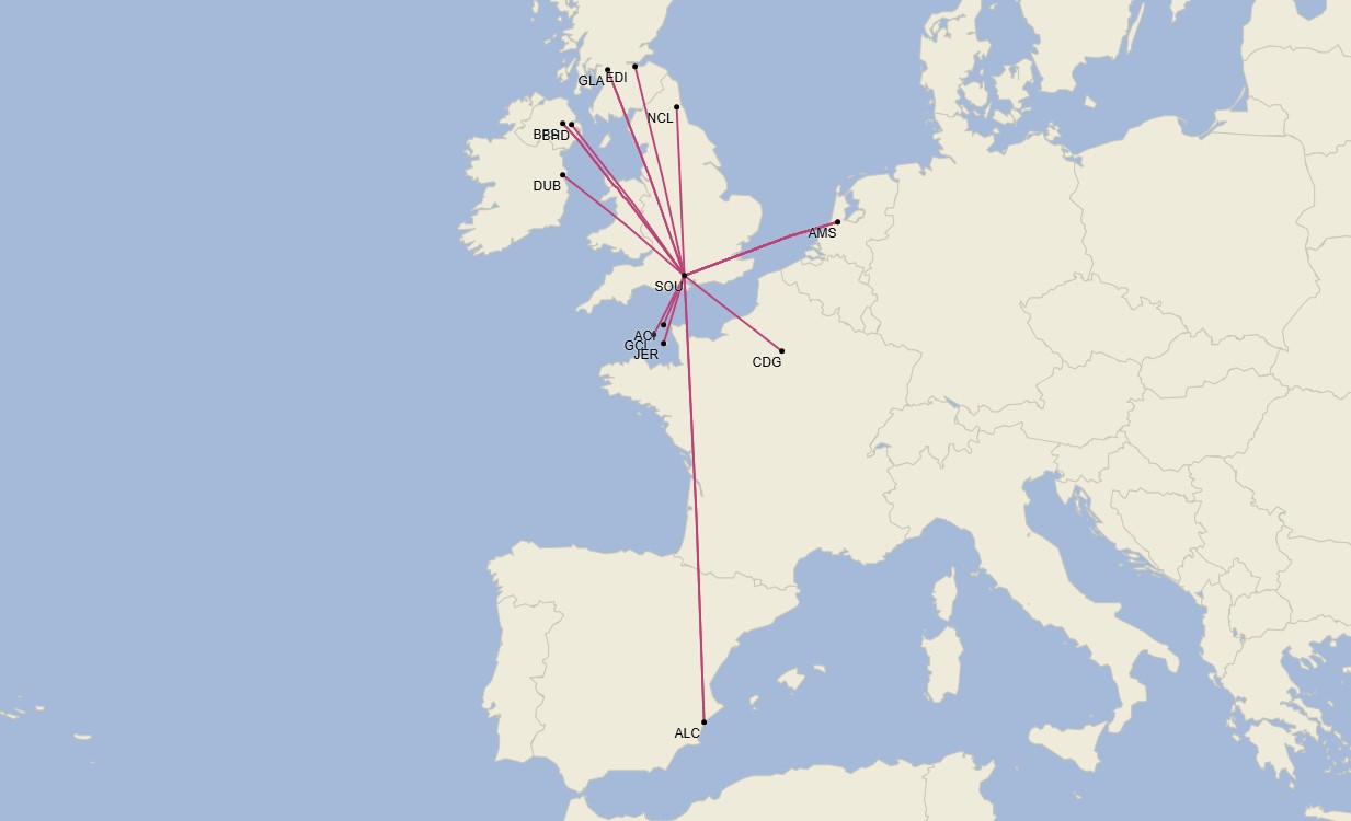 Red del aeropuerto de Southampton - Noviembre 2024 (Cirium Schedule Mapper)