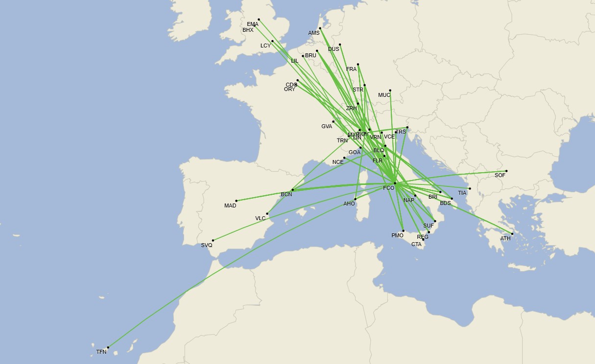 Red europea de ITA Airways - Noviembre 2024 (Cirium Schedule Mapper)
