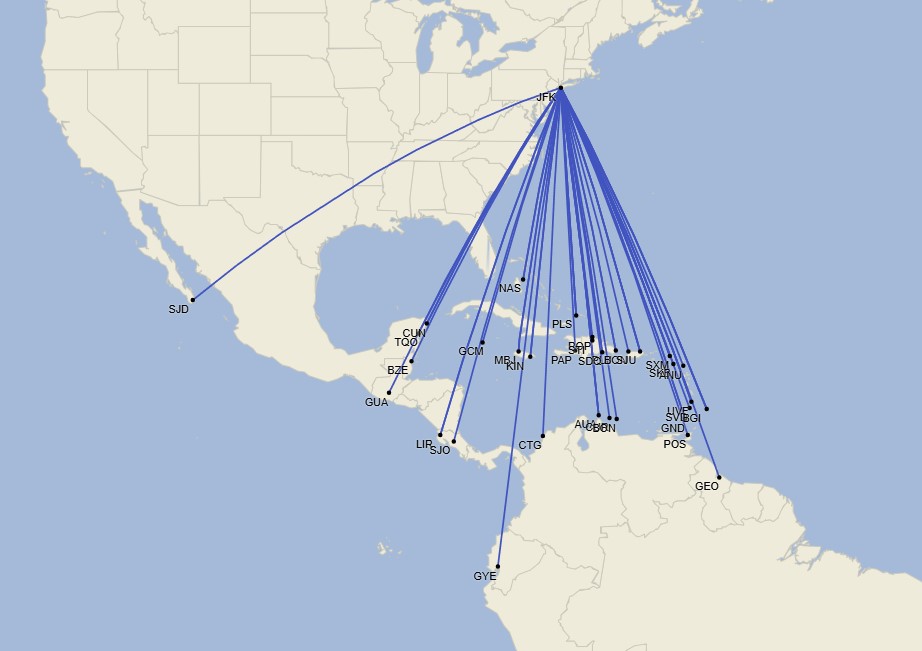 Red de JetBlue hacia Latinoamérica y el Caribe desde Nueva York/JFK - Noviembre 2024 (Cirium Schedule Mapper)