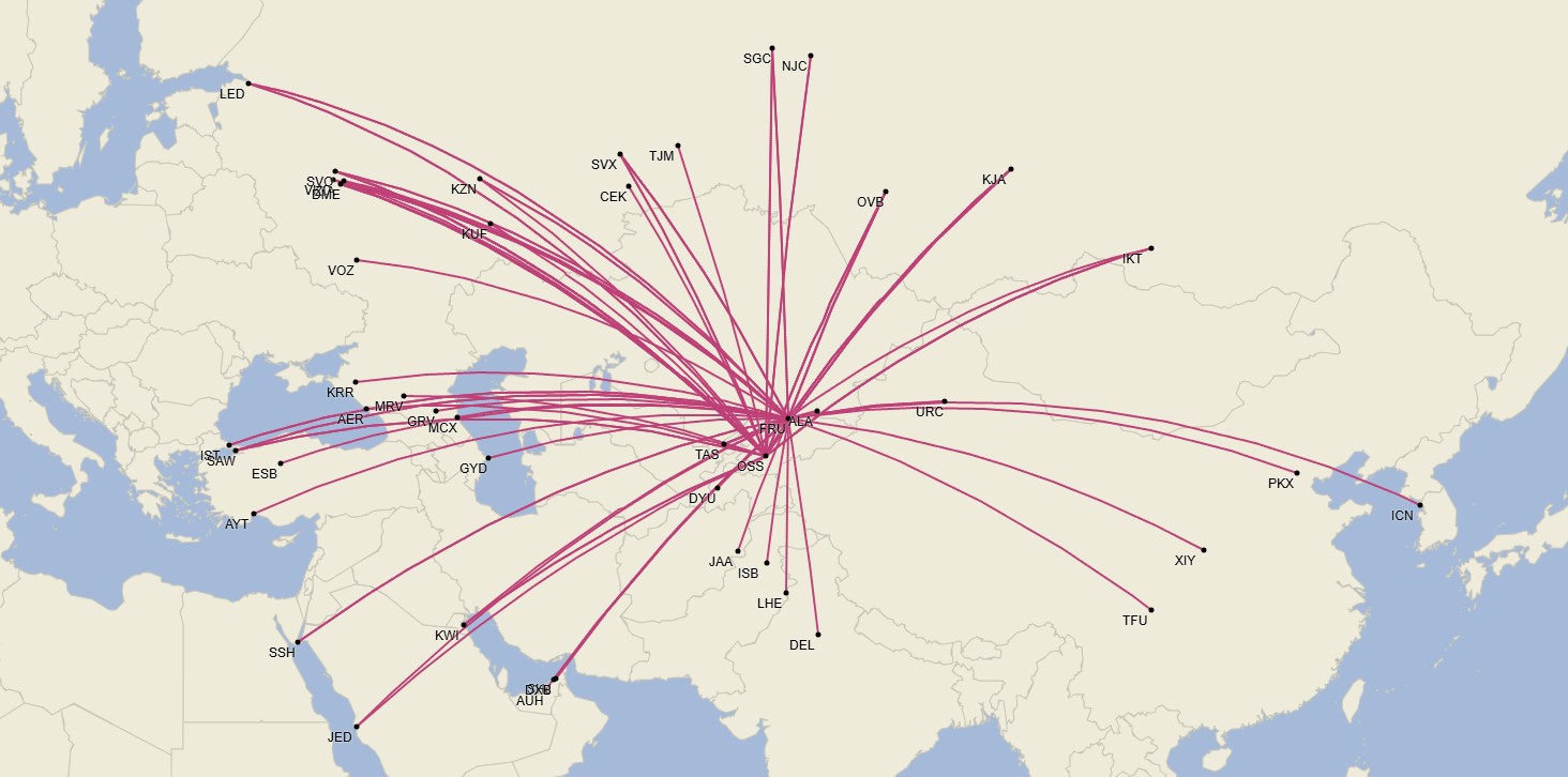 Flight network in Kyrgyzstan - December 2024 (Cirium Schedule Mapper)