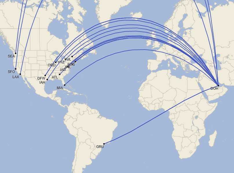 Qatar Airways Network in the Americas - November 2024 (Cirium Schedule Mapper)