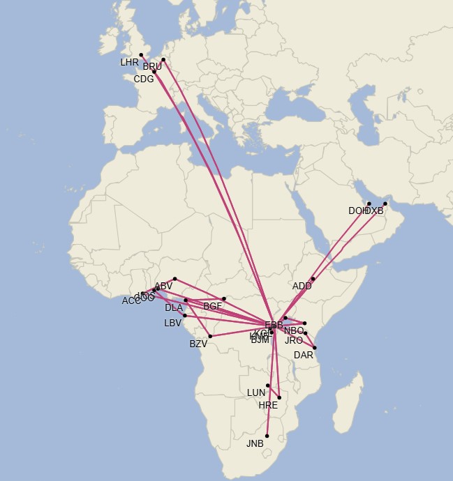 Rwandair Network - November 2024 (map created with Cirium Schedule Mapper)