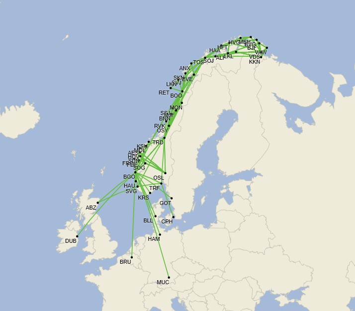 Red de Widerøe - Noviembre 2024 (Cirium Schedule Mapper)