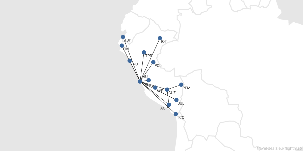 Flightmap AYP – LIM – AQP – CUZ – LIM – IQT PEM – CUZ – LIM – JAU_JUL – LIM – TCQ_PCL – LIM – PIU_TBP – LIM – TPP_LIM – TRU_