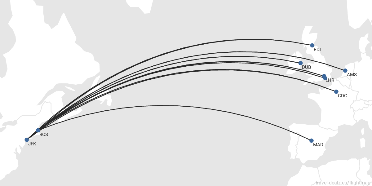 Flightmap EDI – BOS – MAD LGW – BOS – LHR_AMS – BOS – DUB_AMS – JFK – CDG – BOS_LHR – JFK – DUB_EDI – JFK