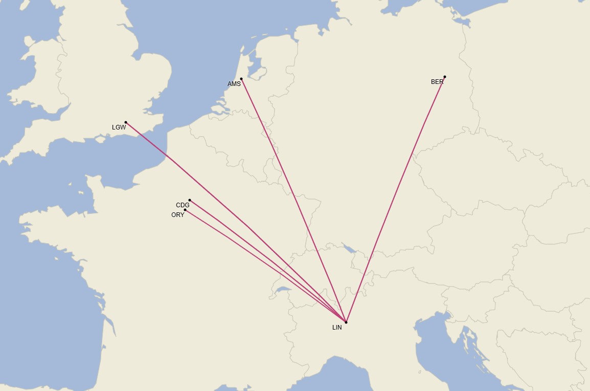 Red de Easyjet en Milan Linate - Diciembre 2024 (Cirium Schedule Mapper)