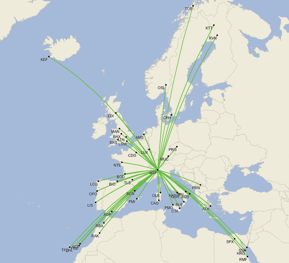 Red de Easyjet en Milan Malpensa - Diciembre 2024 (Cirium Schedule Mapper)