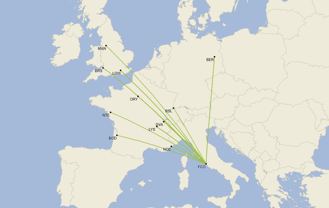 Red de Easyjet en Roma Fiumicino - Diciembre 2024 (Cirium Schedule Mapper)