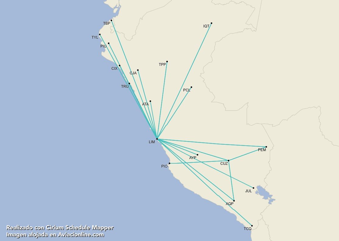Red nacional de LATAM Perú (realizado con Cirium Schedule Mapper)