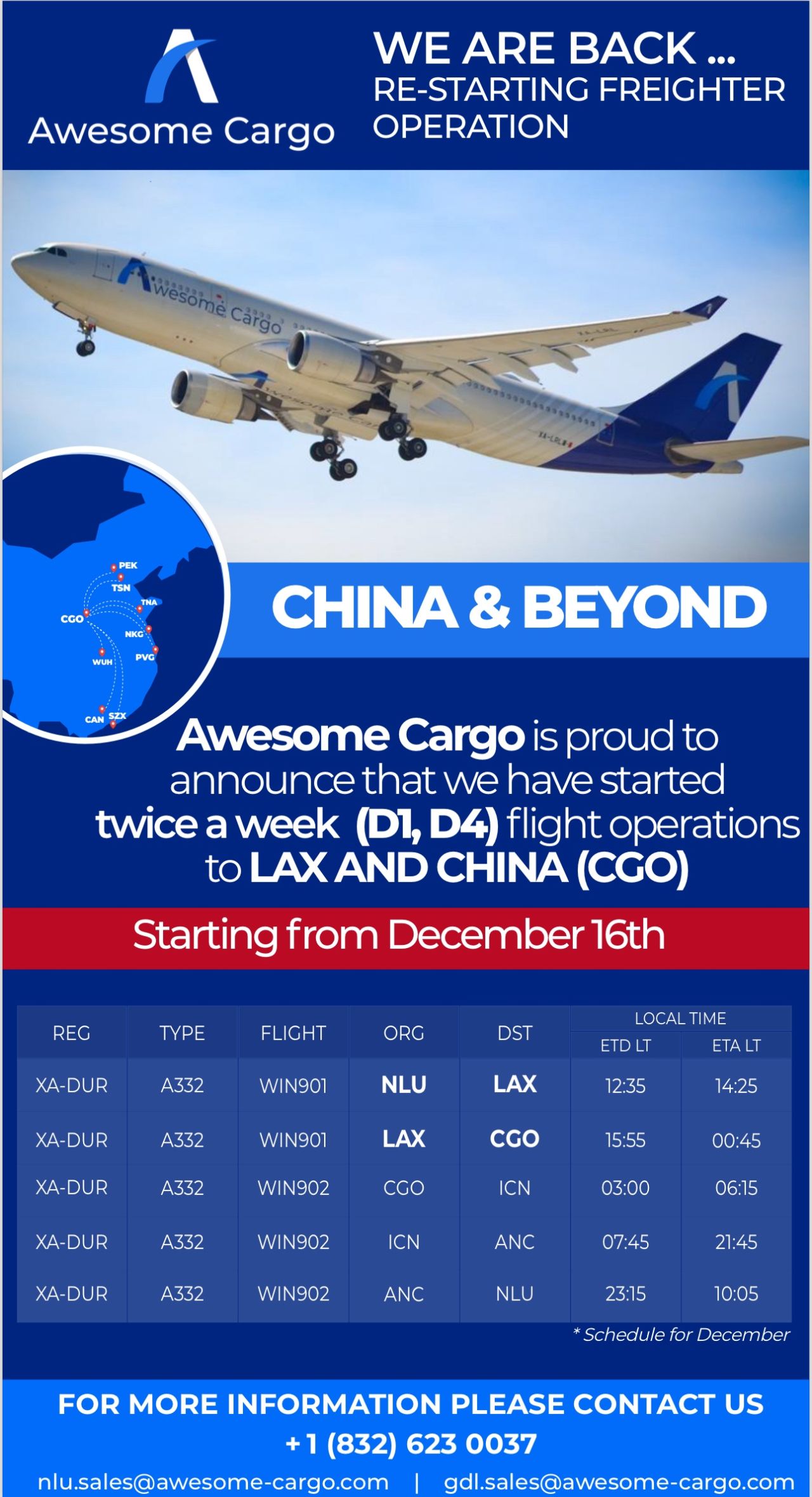 Awesome Cargo - Horarios de vuelos entre el AIFA y China