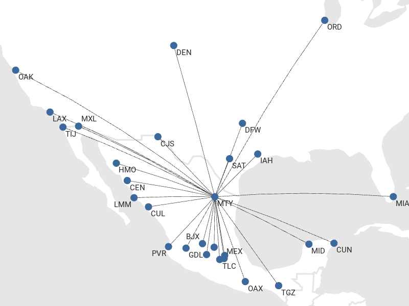 Red de destinos de Volaris en Monterrey