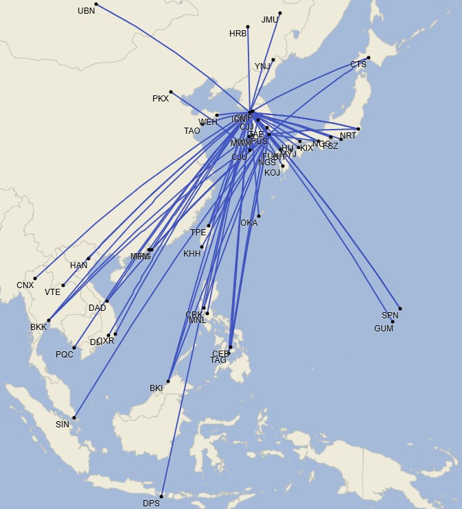 Red de JeJu Air - Enero 2025 (Cirium Schedule Mapper)