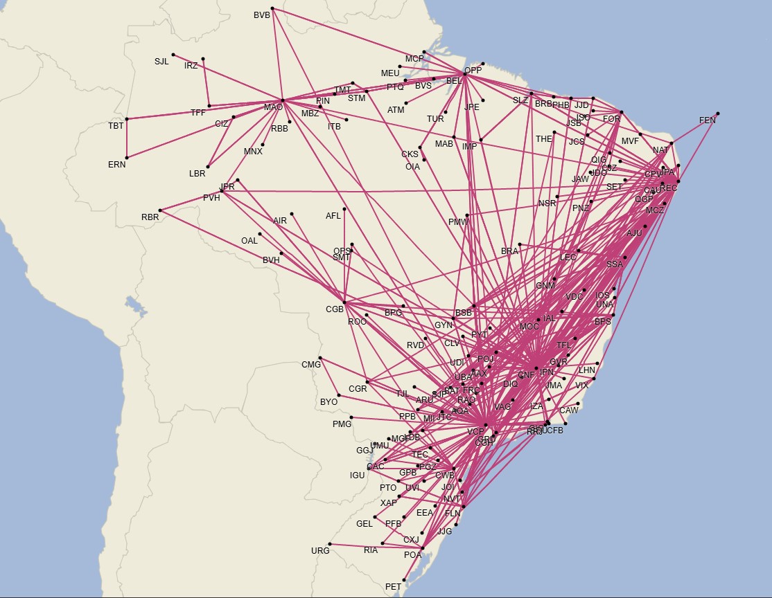 Red doméstica de Azul - Enero 2025 (Cirium Schedule Mapper)