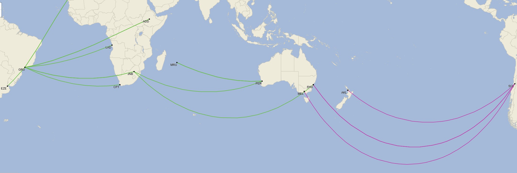 Vuelos regulares Sudamérica-África, Sudamérica-Oceanía y Oceanía-África - Enero 2025 (Cirium Schedule Mapper)