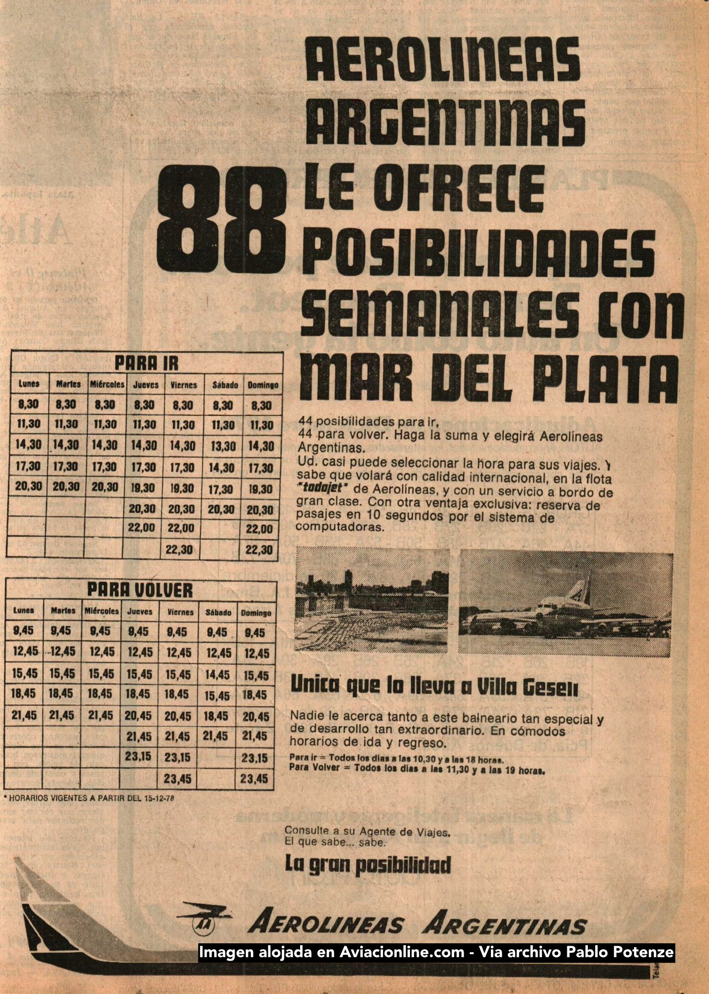 Aerolíneas Argentinas - Publicidad de vuelos a Mar del Plata y Villa Gesell - diario La Nación - 18/12/1978