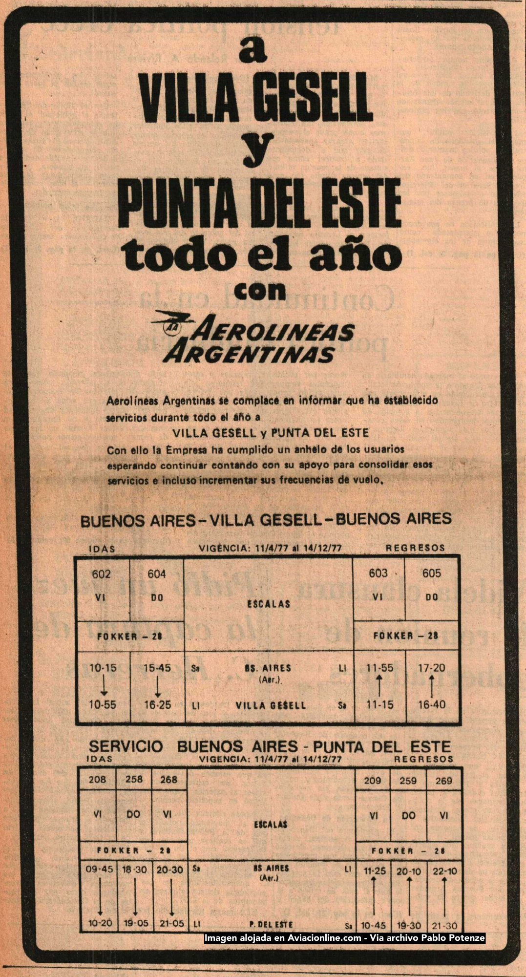 Aerolíneas Argentinas - Publicidad de vuelos a Villa Gesell - diario La Nación - 15/04/1977