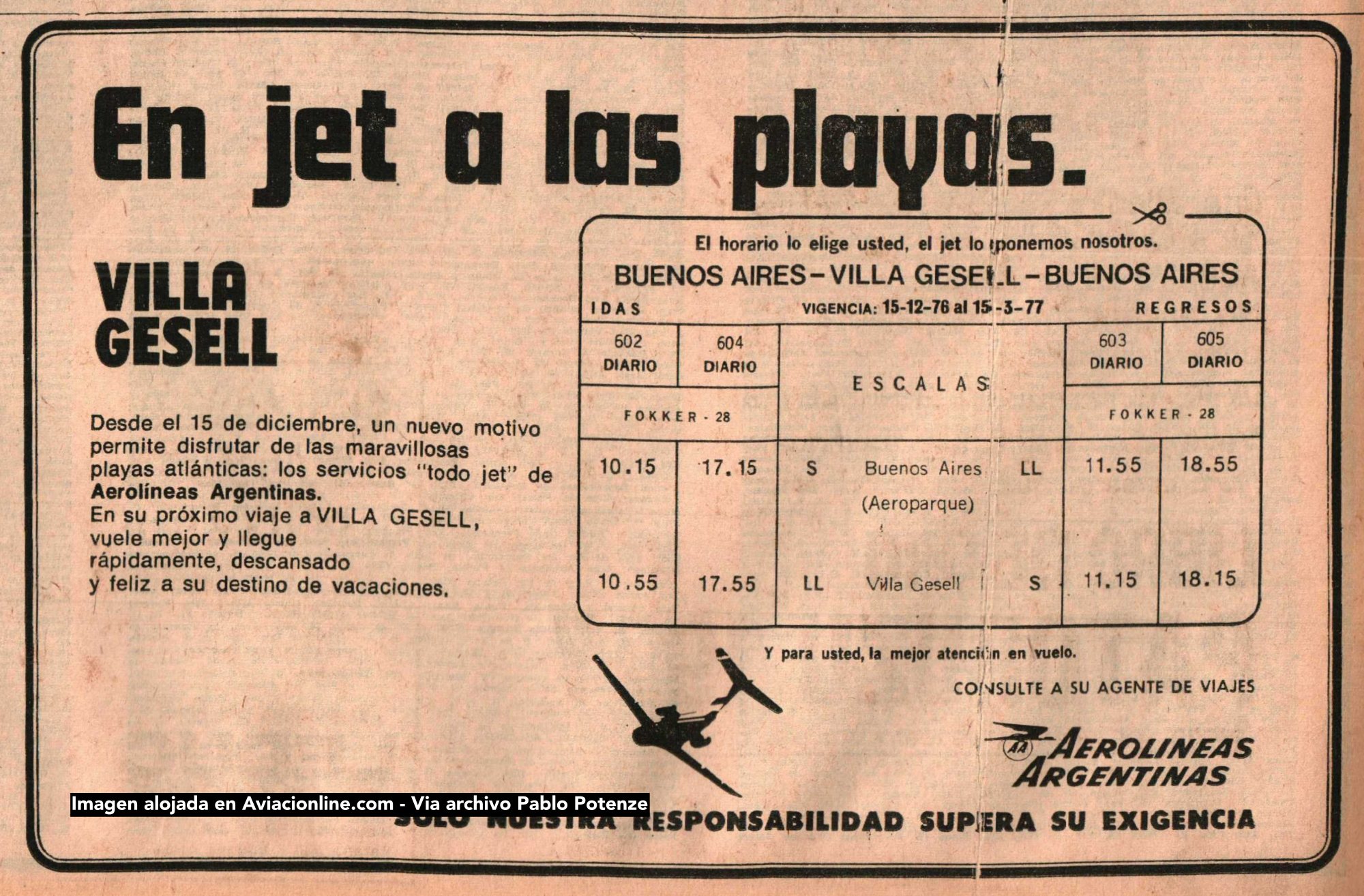 Aerolíneas Argentinas - Publicidad de vuelos a Villa Gesell - diario La Nación - 22/12/1976