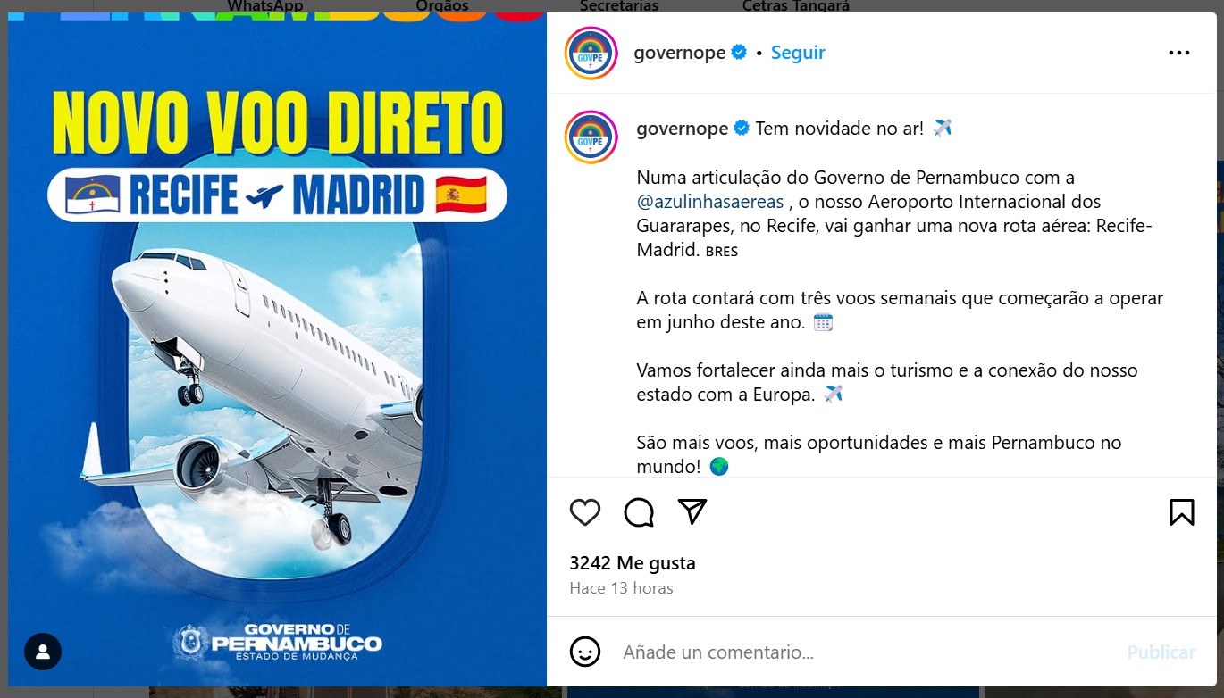 Anuncio gobierno de Pernambuco - Vuelos Recife / Madrid