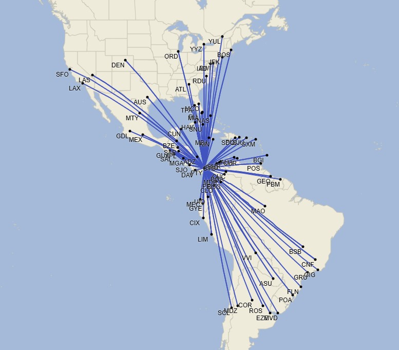 Red de Copa Airlines - Febrero 2025 (Cirium Schedule Mapper)