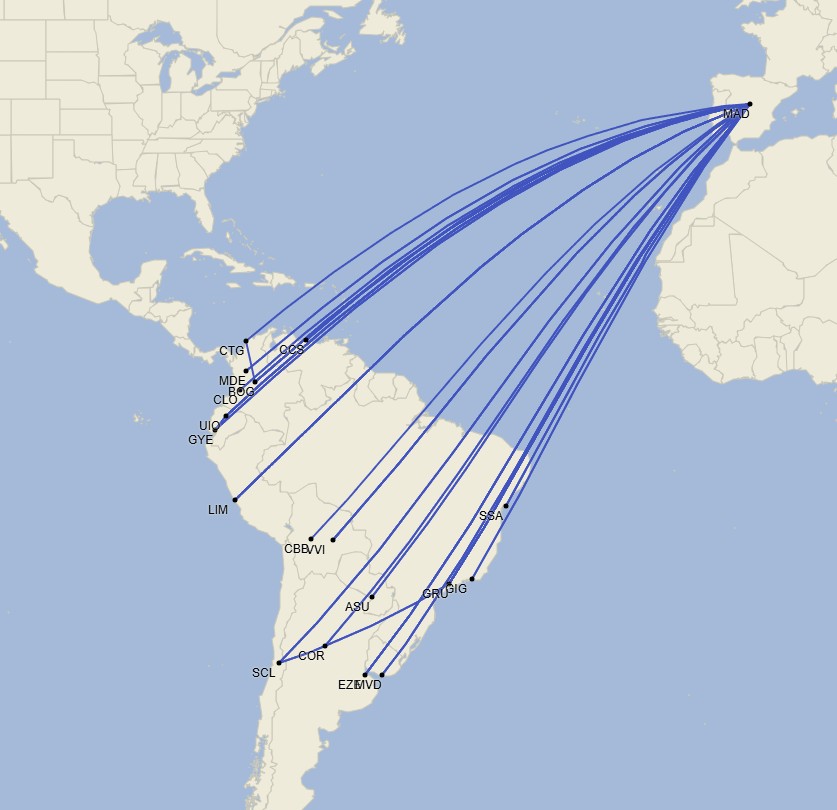 Vuelos entre Madrid y Sudamérica - Febrero 2025 (Cirium Schedule Mapper)