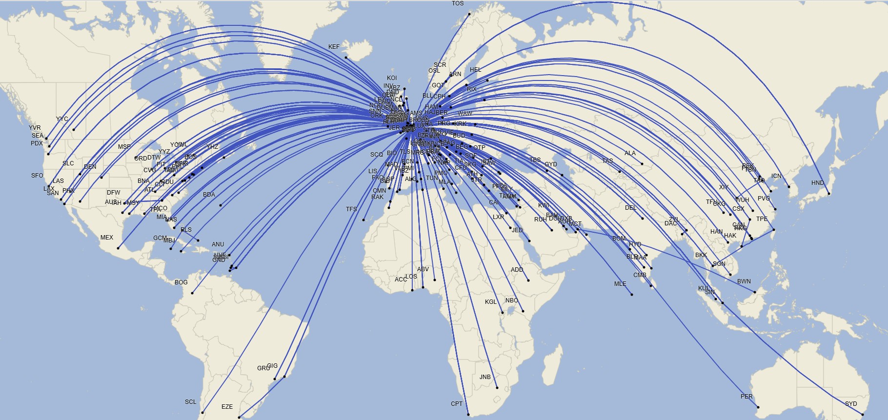 Red de destinos de Londres-Heathrow - Marzo 2025 (Cirium Schedule Mapper)