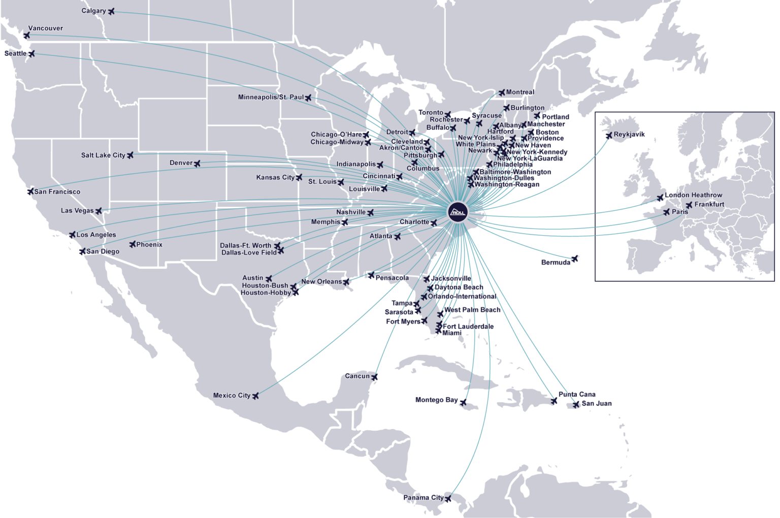 Red de destinos desde el aeropuerto Raleigh/Durham (RDU) - 2025