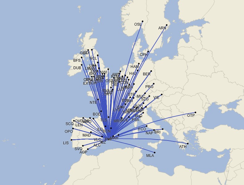 Red de destinos internacionales en Ibiza - Julio 2025 (Cirium Schedule Mapper)