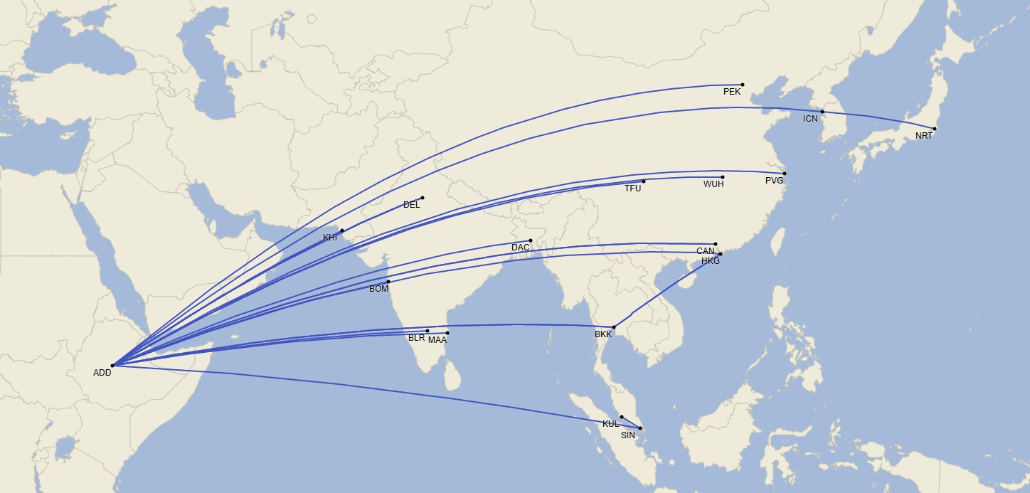 Red de Ethiopian Airlines en Asia - Abril 2025 (Cirium Schedule Mapper)