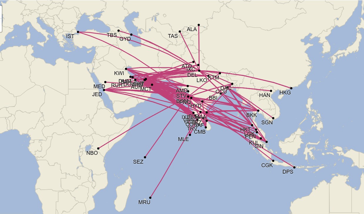 Red de IndiGo - Marzo 2025 (Cirium Schedule Mapper)