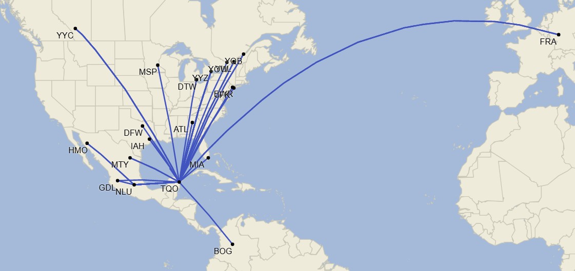 Red de destinos desde el aeropuerto de Tulum - Abril 2025