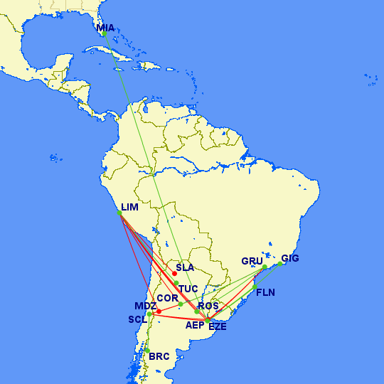 Así quedarán las rutas de LATAM Airlines en Argentina (en verde, las anunciadas hoy)
