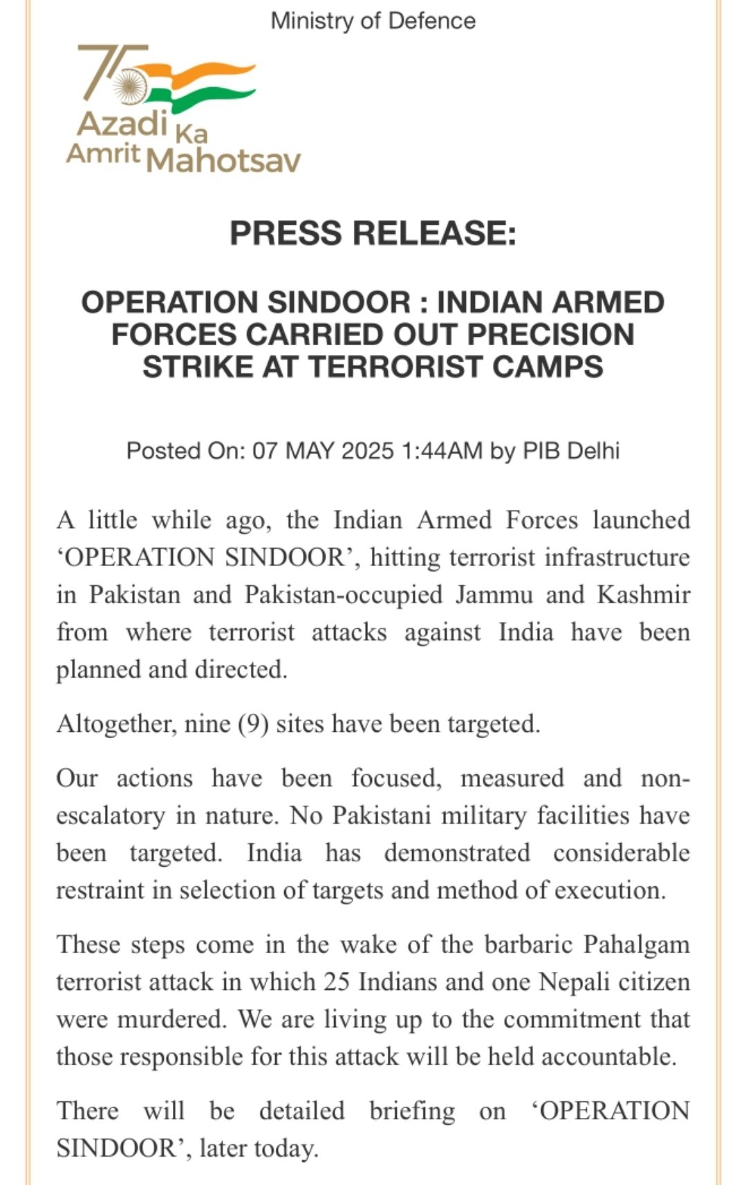 Comunicado de prensa del Ministerio de Defensa de la India