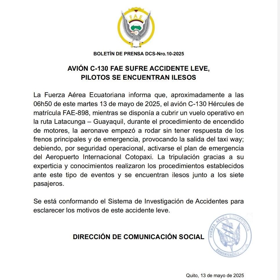 Comunicado FAE sobre accidente del C-130