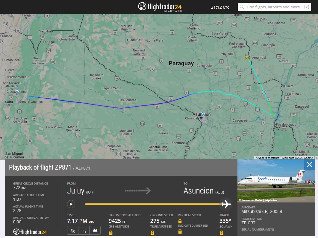 La ruta que realizó el CRJ200 ZP-CRT de Paranair el 18 de mayo de 2025