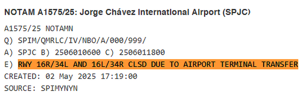 NOTAM emitido por la autoridad peruana notificando el cierre total del aeorpuerto