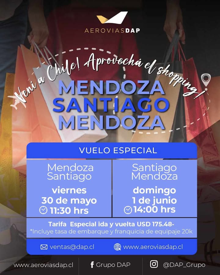 Promoción del vuelo especial de Aerovías DAP entre Mendoza y Santiago - Mayo 2025